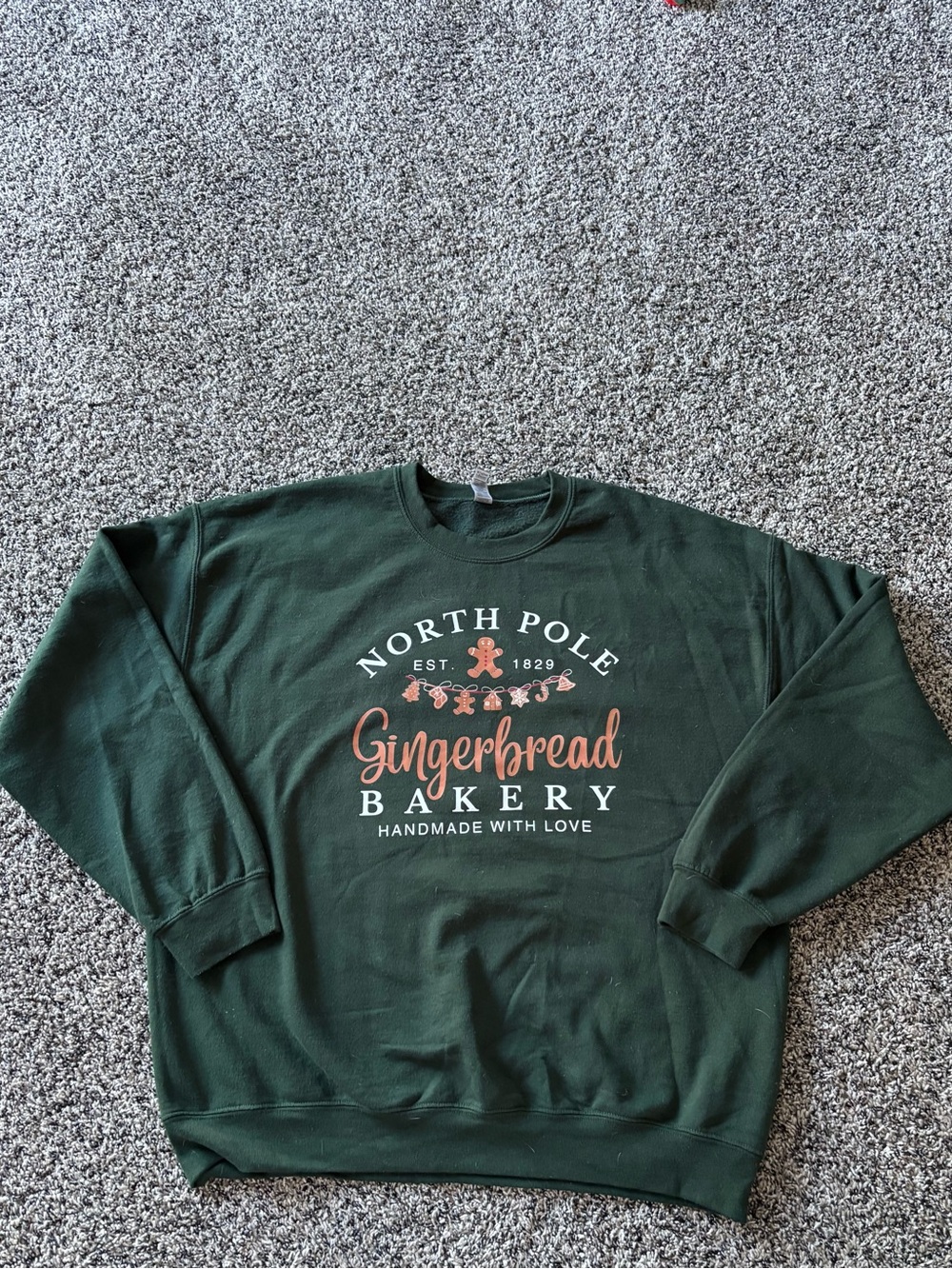 Gildan Dark Green Crewneck Sweatshirt with Gingerbread Bakery Graphic